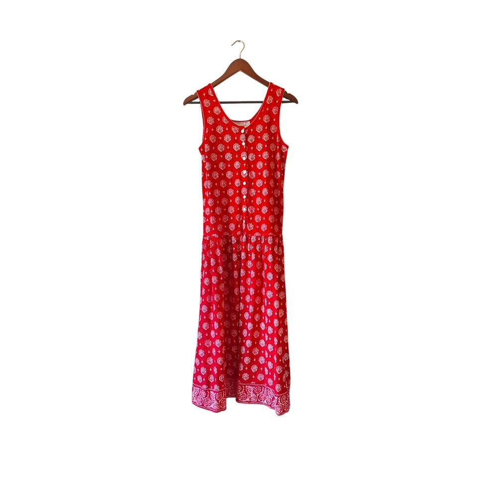 Vintage 90s red floral paisley printed‎ midi drop waist cottagecore dress large